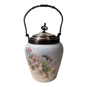 Antique Victorian Blue Floral Decorated Art Glass Biscuit Jar W Silverplate Top