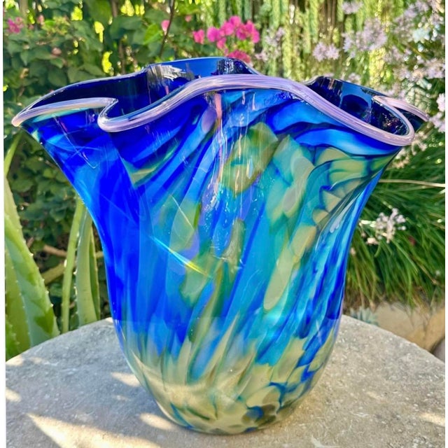 Artist Signed Paul Allen Counts Large Blue Swirl Ruffled Handkerchief Art Glass Vase | Studio Glass Fazzoletto 15"H...
