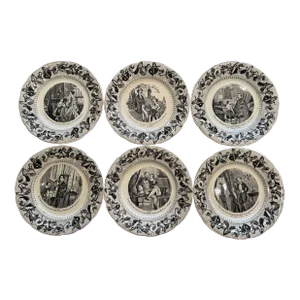 19th Century French Napoleon III Black & White Ceramic Dessert Plates- Set of 6