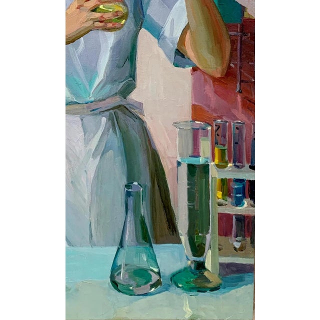 1970s Vintage Scientist Woman Oil Painting, Original Medical Art, Lab Portrait Artwork For Sale - Image 5 of 6