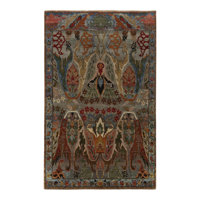 Rug & Kilim’s Classic Style Rug in Gray, Green & Blue With Polychrome Florals For Sale