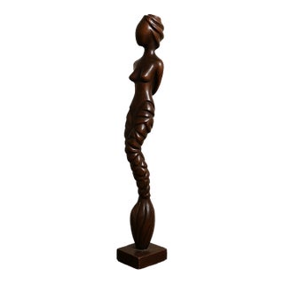 Vintage Modernist Carved Hardwood Female Figure, Southeast Asian Decorative Floor Sculpture, Mid to Late 20th Century For Sale