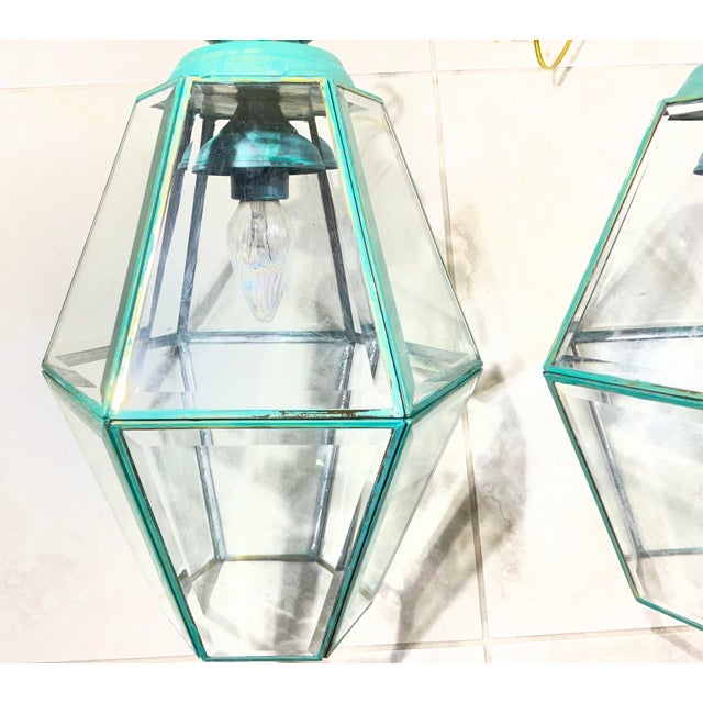1980s Stunning Pair of Vintage Solid Brass & Glass Geometric Hanging Lanterns - a Pair For Sale - Image 12 of 16