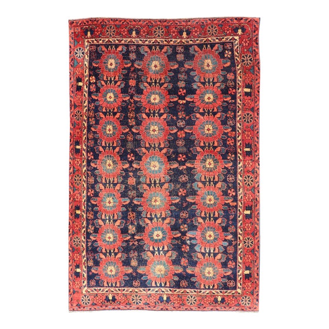 Antique Persian Bidjar Rug With All-Over Floral Motifs in Red and Blue 5'0 X 7'9 For Sale