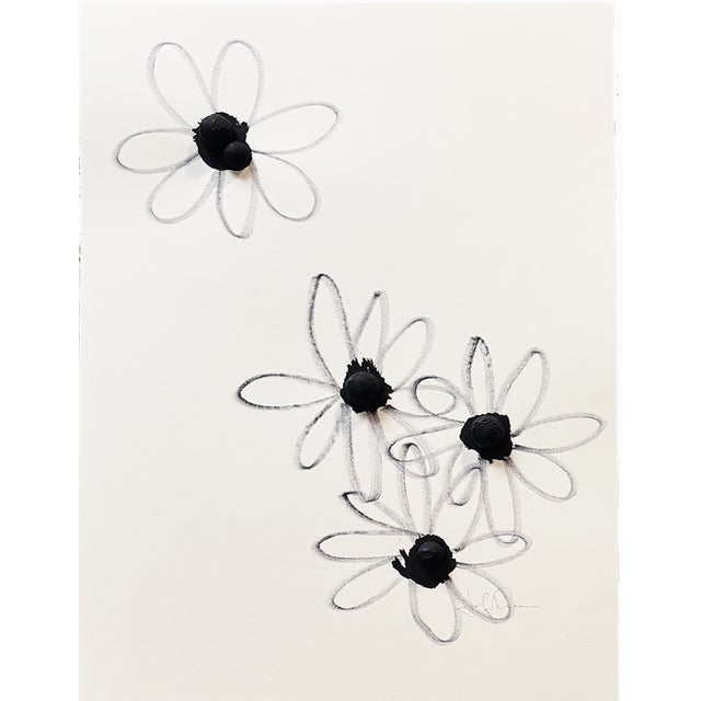 Original abstract floral ink drawing in black and white on paper. Organic daisy-inspired forms with expressive linework...