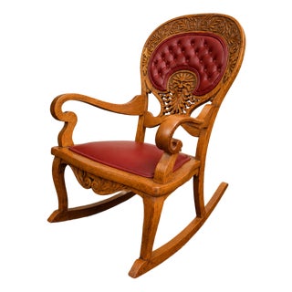 Antique Carved Oak Green Man Rocking Chair in Red Tufted Leather ~ Northwind Face For Sale
