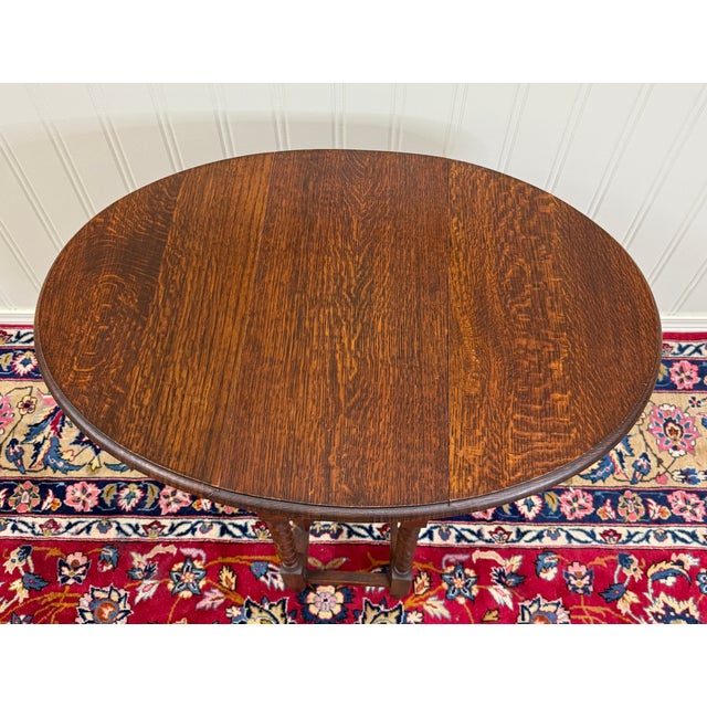 Antique English Petite Table Drop Leaf Gateleg Barley Twist Oak Oval c.1920-30s For Sale - Image 12 of 16