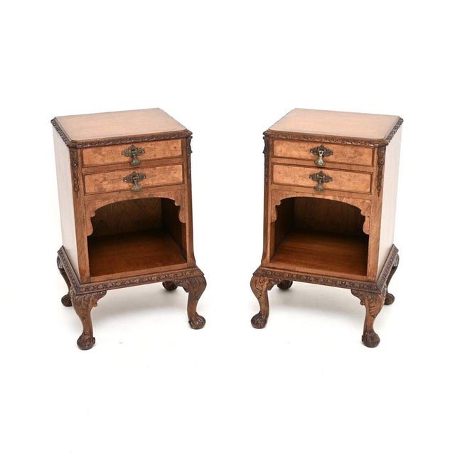 A gorgeous pair of antique burr walnut bedside cabinets. They are in the Queen Anne style, they date from the 1920-30’s....