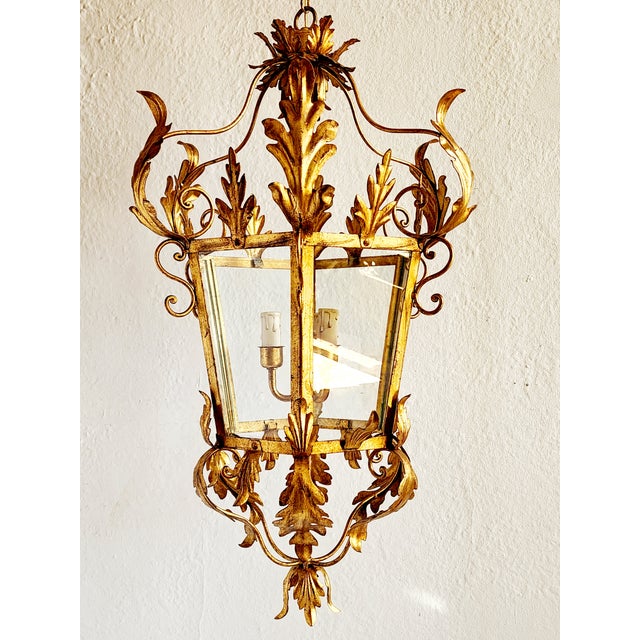 French Vintage Italian Gilt Iron Louis XVI Style Hanging Lantern For Sale - Image 3 of 12