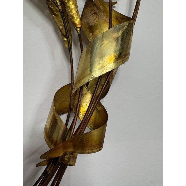 Mid-Century Modern Vintage Brass Wheat Wall Sculpture With Copper Stems, Mid Century Modern Botanical Wall Art, 30” For Sale - Image 3 of 9