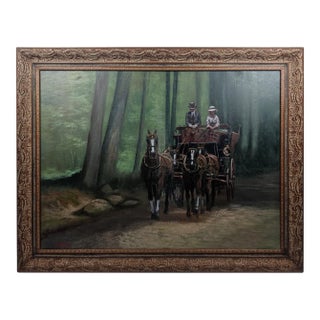 Late 20th Century Monumental Green Equestrian Horse Carriage Oil Painting Ornate Gilt Frame Scott Duncan For Sale