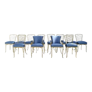 Set of 14 Rene Prou Art Deco Gold Wrought Iron Dining Room Chairs Blue Fabric