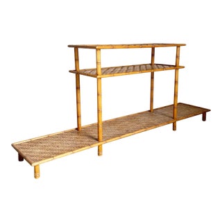 Boho Chic Faux Bamboo and Herringbone Wicker Console Table Etagere For Sale