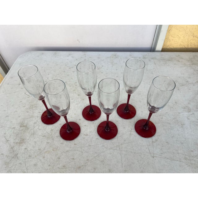 Glass 1970s Red Stemmed Champagne Glasses - 6 Pc For Sale - Image 7 of 8