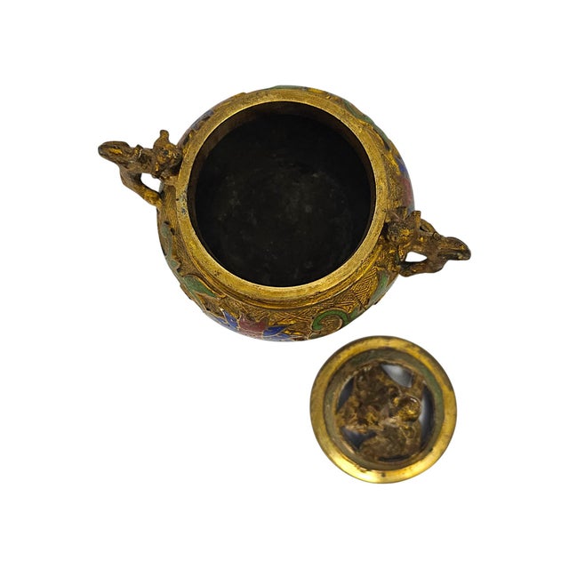 Mid-20th Century Japanese Champlevé Enamel Tripod Koro With Shishi Finial For Sale - Image 10 of 13