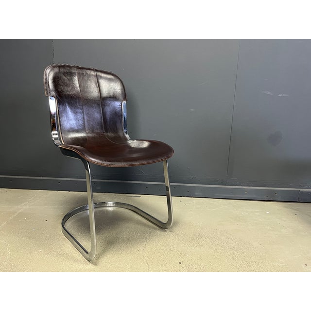 Brown Italian Cantilever Dining Chairs in Chrome and Leather from Cidue, 1970s, Set of 5 For Sale - Image 8 of 9