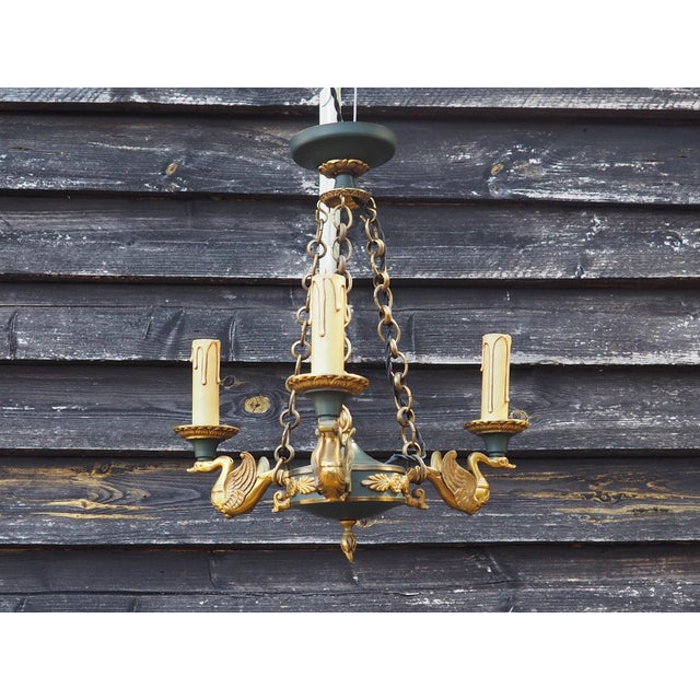 Mid-Century French Empire Style Bronze 3-Branch Swan Chandelier by Lucien Gau, 1970s For Sale - Image 4 of 18