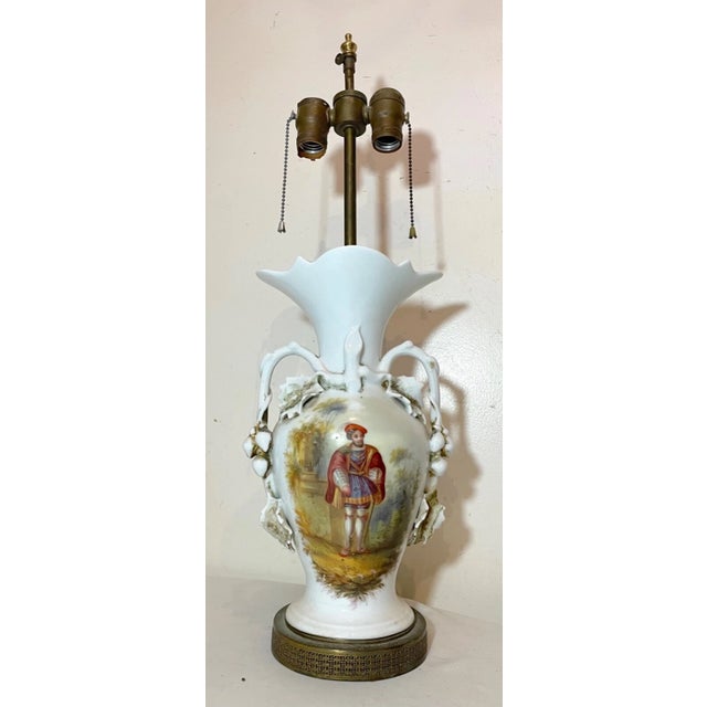 1910s Antique 1800's Hand Painted Figural Porcelain Brass French Electrified Vase Lamp For Sale - Image 5 of 11