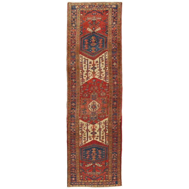 Antique Heriz Northwest Persian Runner, Handmade Rug Navy Blue, Red, Ivory For Sale - Image 4 of 4