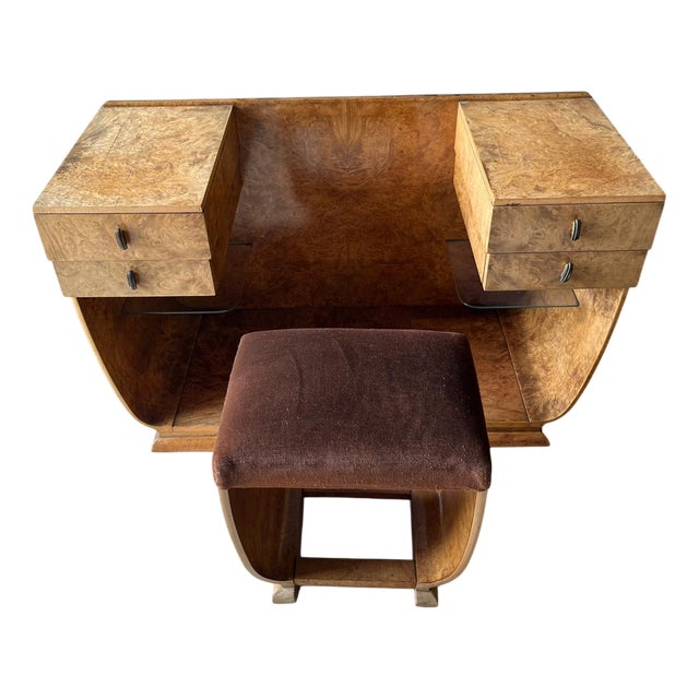 Art Deco Burr Walnut Dressing Table and Stool For Sale
