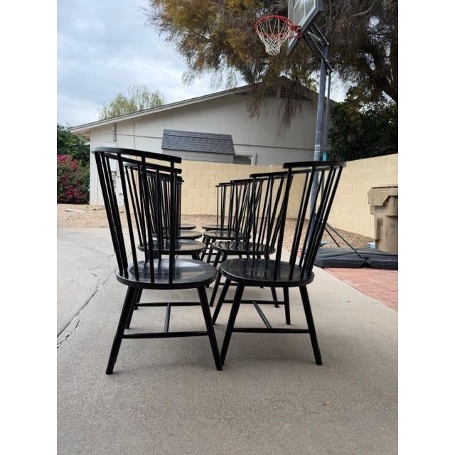 Wood Eight Solid Hardwood Windsor High-Backed Black Dining Chairs Designed by Paola Navone for Crate & Barrel For Sale - Image 7 of 7