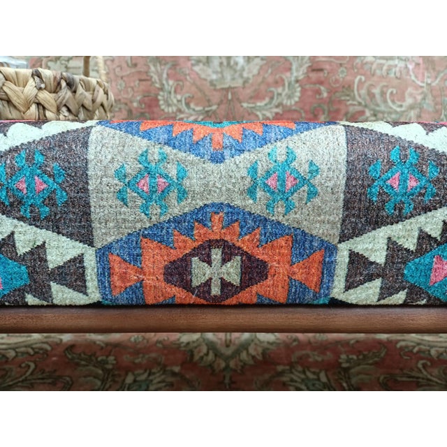 Rustic Aztec Rug Print Fabric Upholstered Bench For Sale - Image 3 of 9