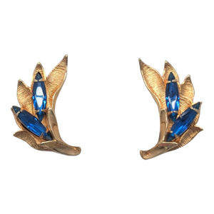 Vintage 1960s Signed Napier Goldtone Marquise Faux-Sapphire Clip Earrings- 2 Pieces