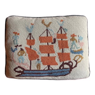 Mid-Century Nautical Needlepoint Pillow Depicting a Sailing Ship With Sailors and Roosters For Sale