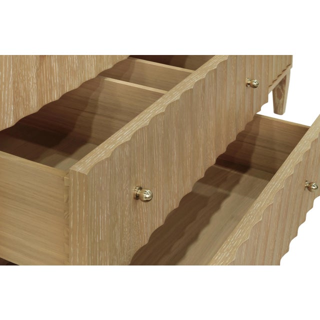 Worlds Away Matthew Izzo Home Odin 60" Fluted Cerused Oak, Four Drawer, Double Sink Bathroom Vanity - Carrara Marble Top, Porcelain Sinks, Brass Hardware For Sale - Image 4 of 5