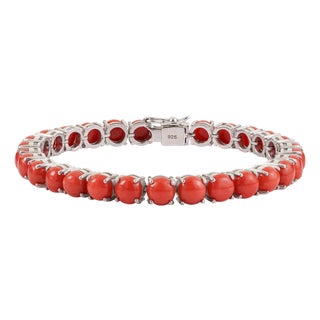 Carat&Her Vibrant 25.7 Ct Round Scarlet Coral Tennis Bracelet in 925 Sterling Silver For Sale