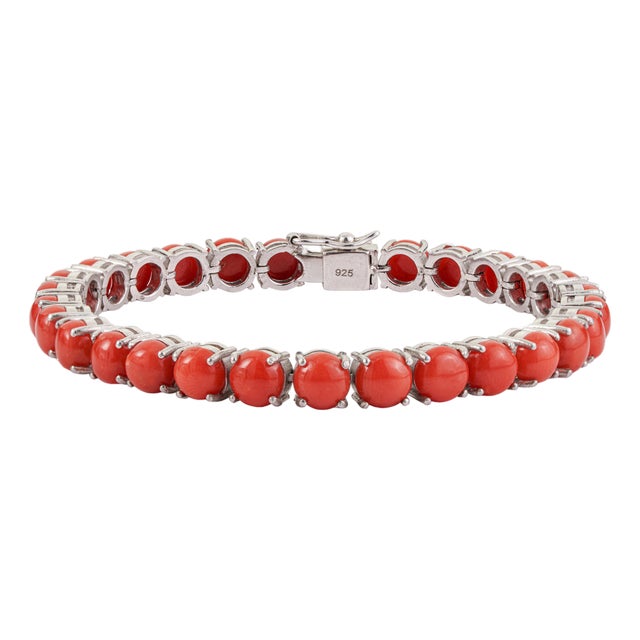Carat&Her Vibrant 25.7 Ct Round Scarlet Coral Tennis Bracelet in 925 Sterling Silver For Sale
