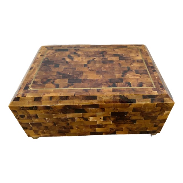 Glossy Horn Box With Brass Inlay and Ball Feet For Sale