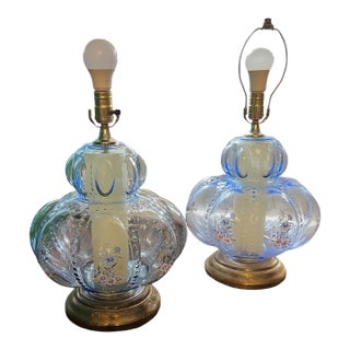 1950s Pair of Mid-Century Modern Murano Style Blue Bullicante Glass Lamps For Sale