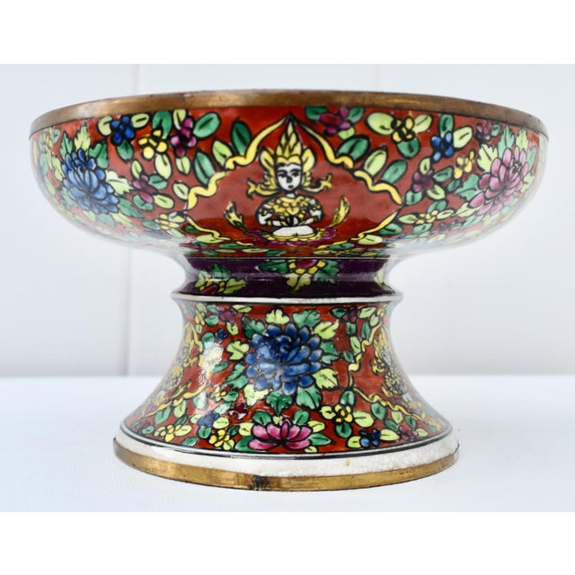 1950s Vtg. Thia Benjarong Enamel Painted Ceramic Bowl W/Brass Rim For Sale - Image 5 of 18