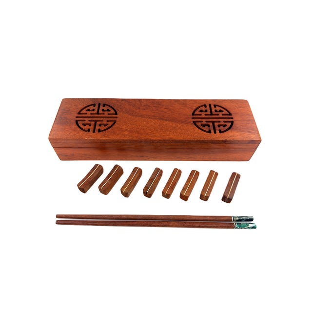 Asian Modern Vietnamese Wooden Chopsticks for 8 With Green Mother of Pearl Marbled Tips Decorative Storage Box and Coordinating Rests - 25 pcs For Sale - Image 4 of 8