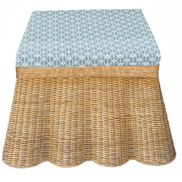 Traditional Scalloped Wicker Coffee Table / Large Ottoman with Cushion, Diamond Pattern in Sage Green For Sale - Image 3 of 3