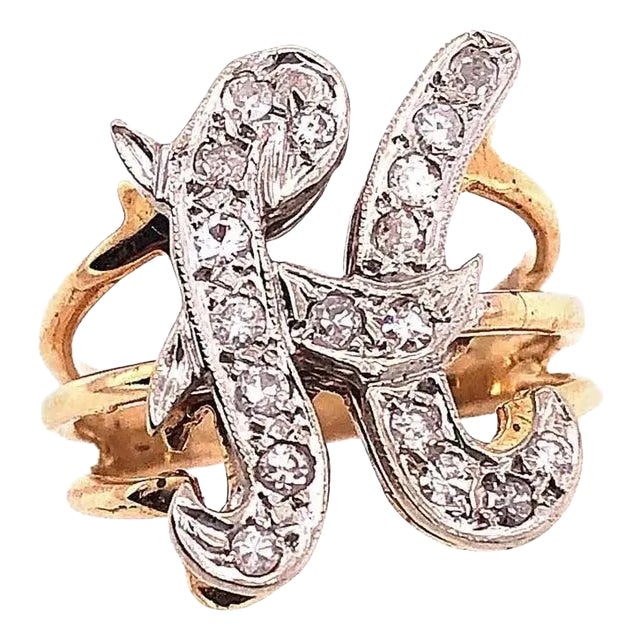 14 Karat Two-Tone Yellow and White Gold Diamond Initial H Ring For Sale