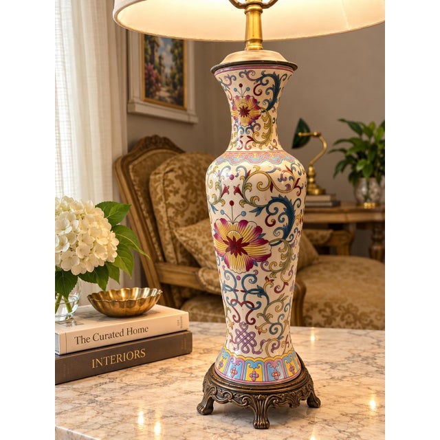 Beautiful vintage Bombay Company table lamp featuring an intricately hand-painted ceramic/porcelain-style vase base with...