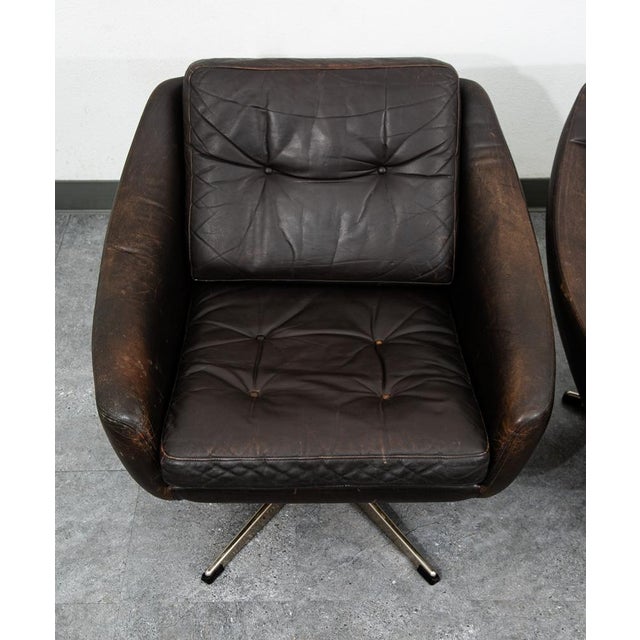 Brown Mid Century Danish Modern Lounge Chairs Swivel Brown Leather Armchair Vintage For Sale - Image 8 of 12