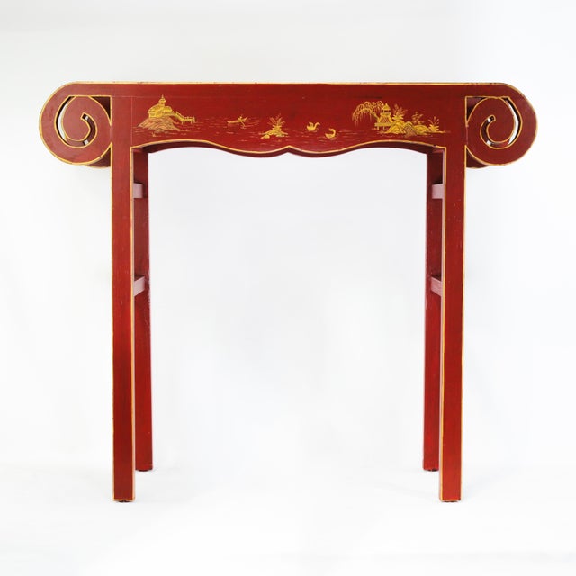 Vintage Chinese Red Lacquer Console Table With Gilt Landscape Scenery and Scroll Ends For Sale - Image 13 of 18