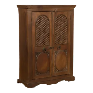 Vintage Indian Wooden Lattice Motif & Carved Panel Cabinet