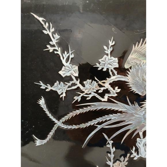 1940s Exotic Asian Mother of Pearl Inlay Lacquer Art Panel Peacock Phoenix Birds Black Silver For Sale - Image 5 of 14