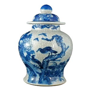 Chinese Lidded Jar Blue and White With Crackle Kangxi Mark 19th Century