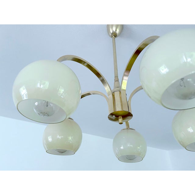 Art Deco Opaline Glass and Brass Pendant Light, 1950s For Sale - Image 13 of 15