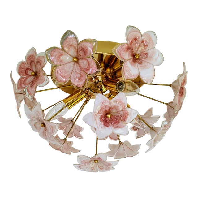Murano Style Flush Mount Pink Flower Ceiling Light Glass Chandelier For Sale