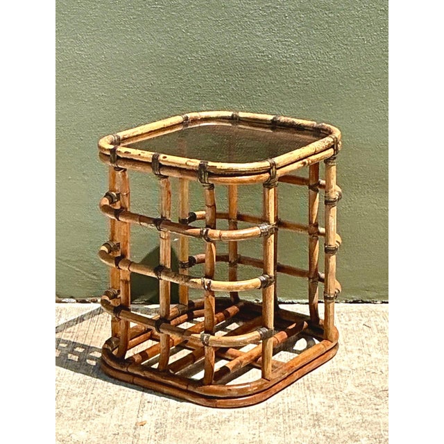 Mid-Century Modern Vintage Rattan and Glass Accent Table For Sale - Image 3 of 14