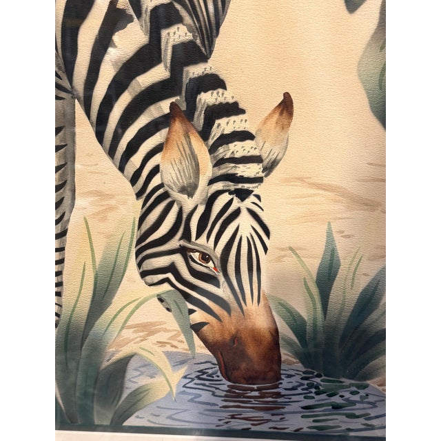 Pair of Art Deco Zebra Watercolor Gouaches by Shirrell Graves in Verde Frames For Sale - Image 12 of 16