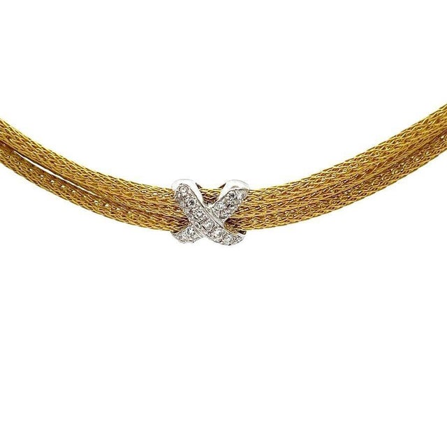 Contemporary Diamond 18k Gold Necklace Triple Strand X Motifs Mesh Chain For Sale - Image 3 of 6