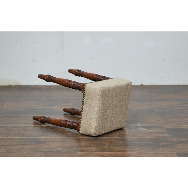 Brown 19th Century English Petite Oak Stool with Unique Top and Linen Upholstery For Sale - Image 8 of 9