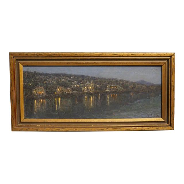 The Italian Seaside at Night, Oil on Canvas Painting, Nicola Ascione (1870-1957) For Sale